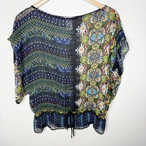 Language Sheer Short Sleeve Silk Colorful Waist Tie Top Boho Artsy Women's Small